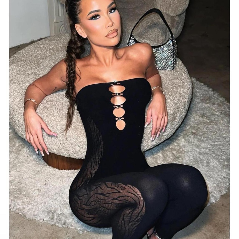 White Fox (poster girl style) Black Strapless Jumpsuit with Silver Accents